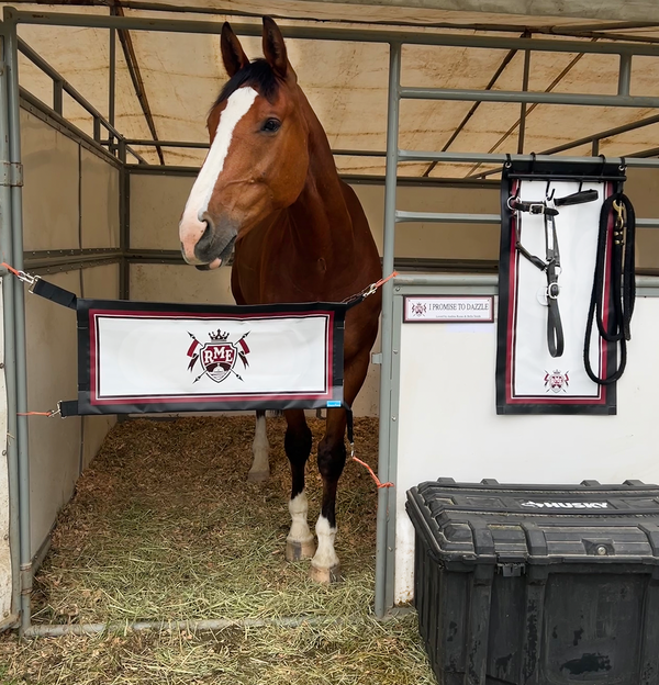 Stall guards for horse shows. Hang your halter and bridle with matching Halter Guard.